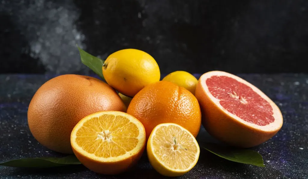 Citrus fruits on space background. Orange, lemon and grapefruit 