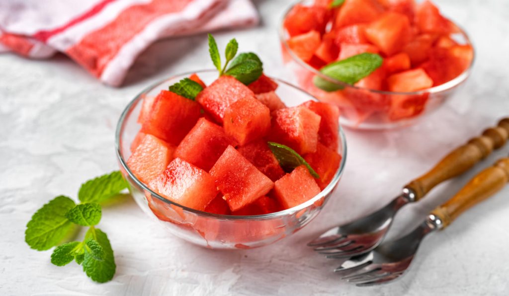 Close up of fresh and juicy watermelon sliced into cubes