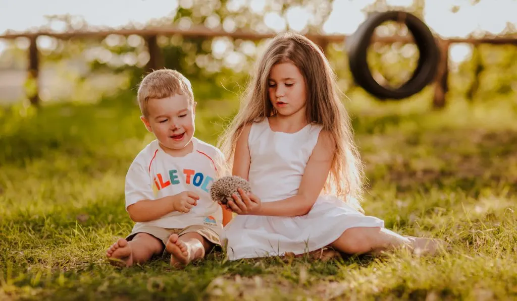 Cute young kids sitting on the glade and playing with small hedgehog