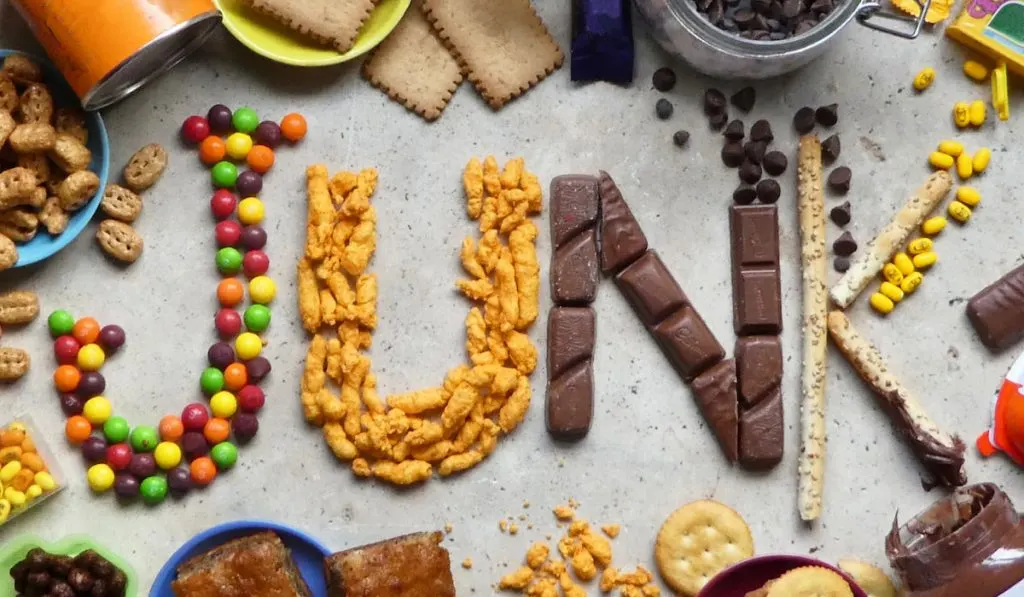 different kinds of junk foods arranged as junk word