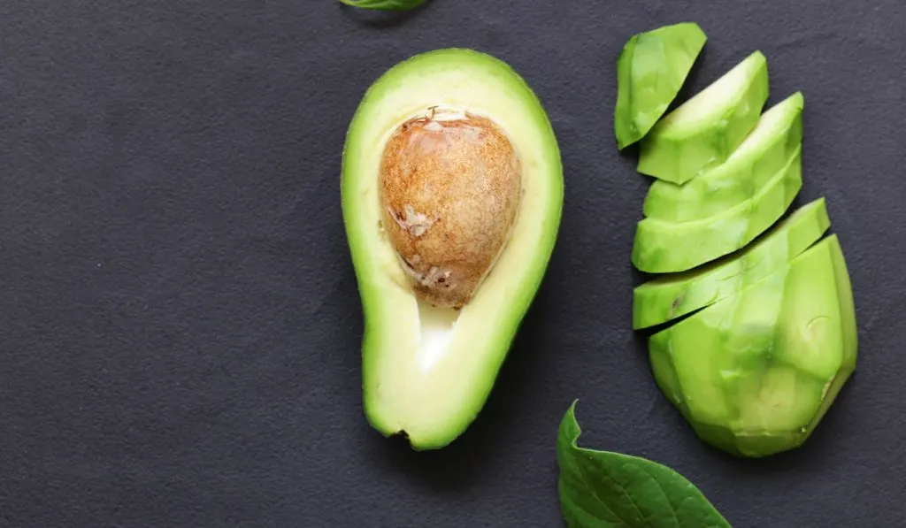 slice of avocado and leaves on black background