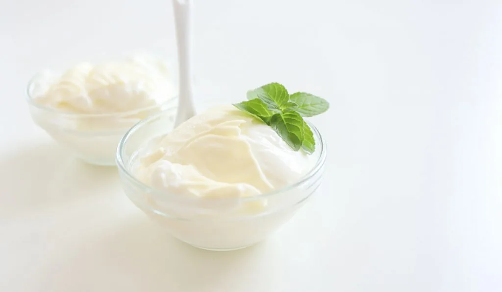 two bowls of Natural yogurt on white background